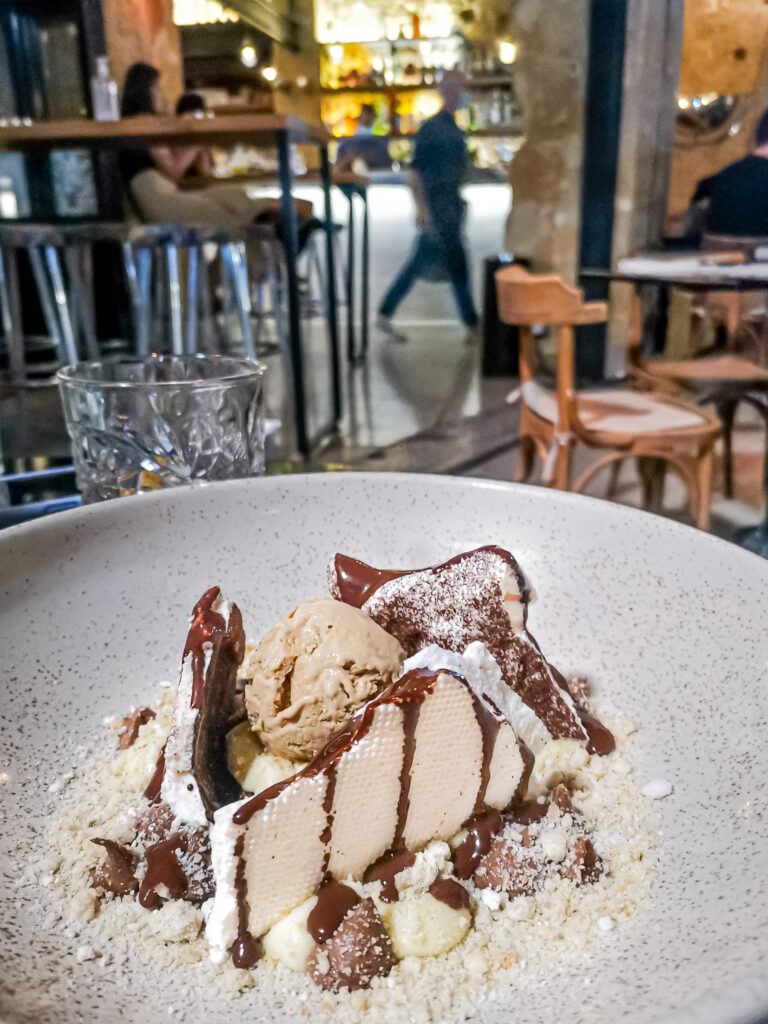 Bitter chocolate cremeux, espresso meringues, oat crumble, and a malt whisky ice cream.